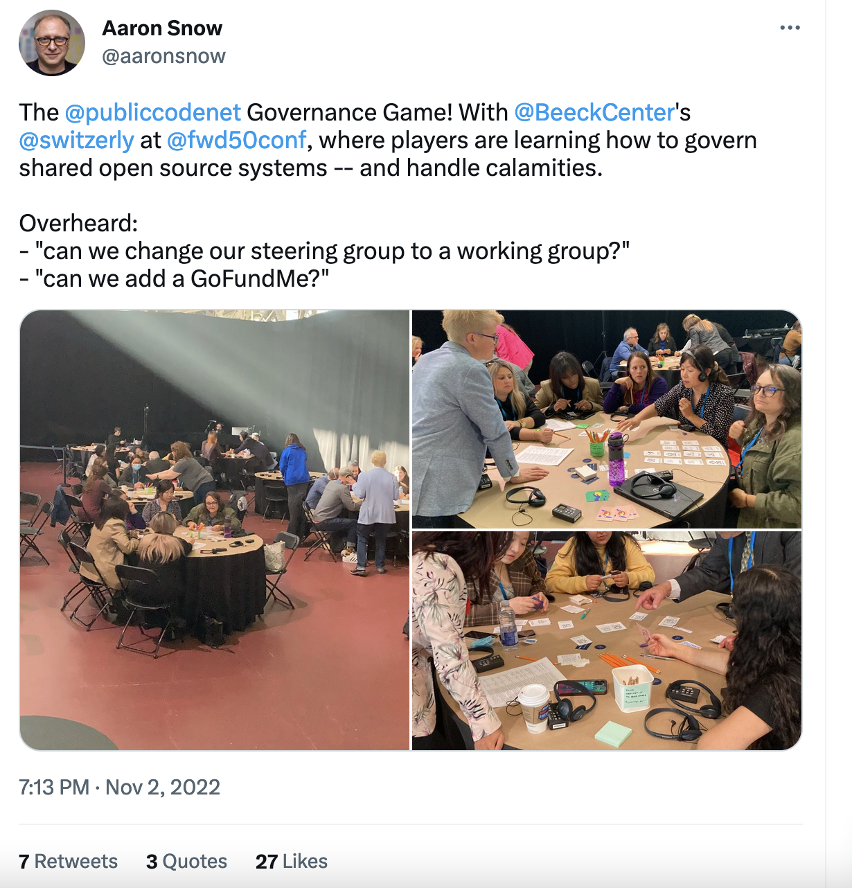 Screenshot of @aaronsnow tweet about the Governance Game session at the @fwd50conf